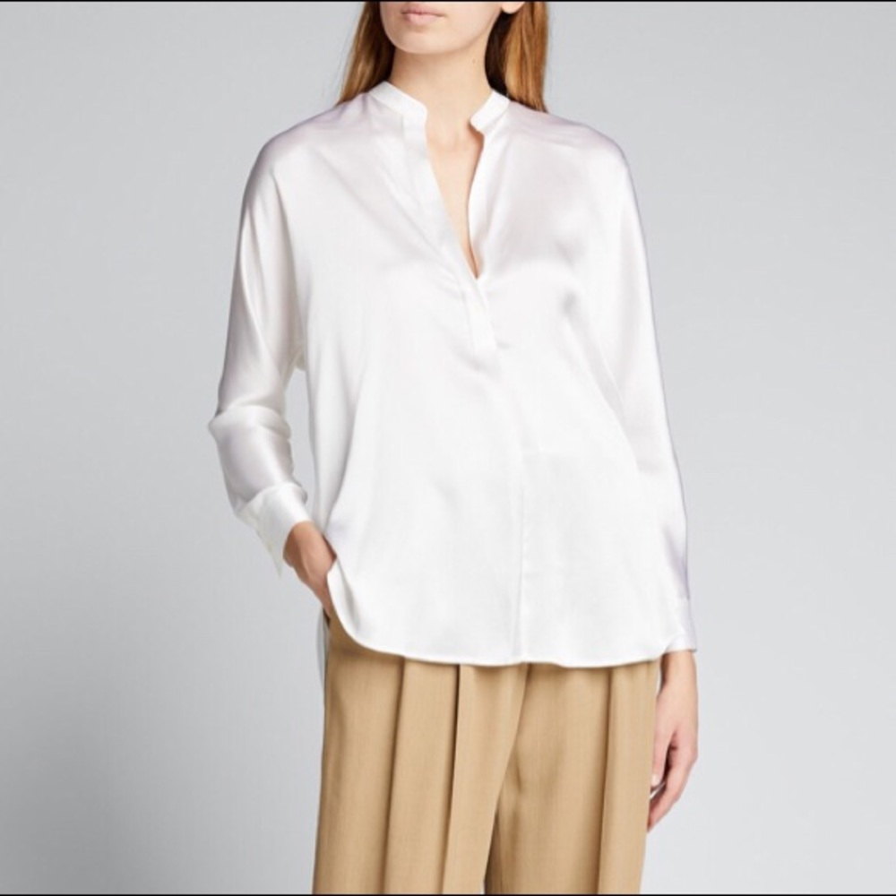 Vince Band-Collar Silk Blouse in Cream